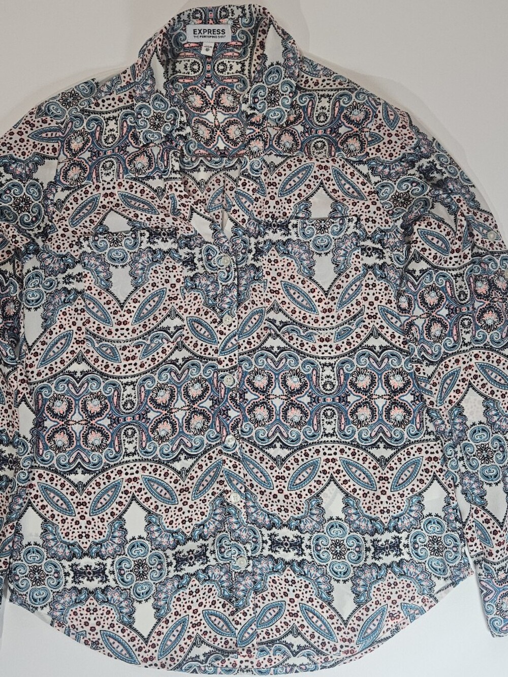 Express Portofino Shirt Womens XS Blue Pink White Paisley Y2K Career Top Button‎